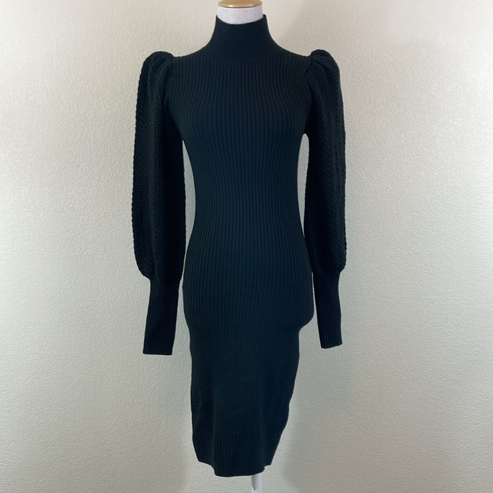 Alice + Olivia black wool knit turtleneck mini puff sleeve dress size small